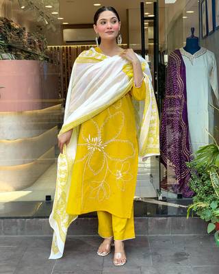 Yellow color viscosee chanderi embroidery with printed kurta set with dupatta 2