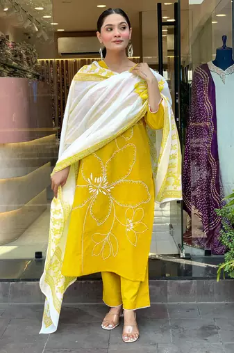 Yellow color viscosee chanderi embroidery with printed kurta set with dupatta
