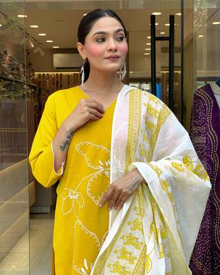Yellow color viscosee chanderi embroidery with printed kurta set with dupatta 3