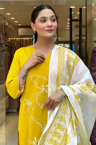 Yellow color viscosee chanderi embroidery with printed kurta set with dupatta