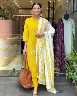 Yellow color viscosee chanderi embroidery with printed kurta set with dupatta 4