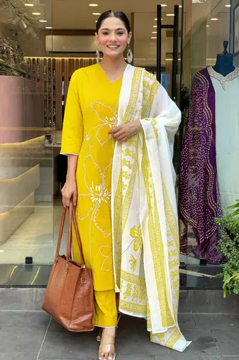 Yellow color viscosee chanderi embroidery with printed kurta set with dupatta