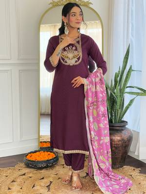 Wine color viscosee rayon embroidery with printed kurta set with dupatta 1