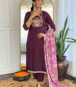 Wine color viscose rayon fabric embroidery work with printed girlie kurta set with dupatta