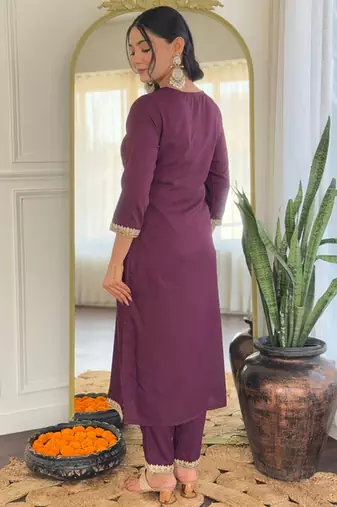 Wine color viscosee rayon embroidery with printed kurta set with dupatta