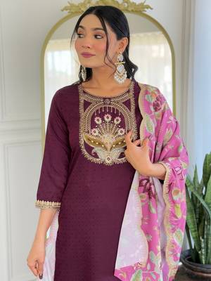 Wine color viscosee rayon embroidery with printed kurta set with dupatta 3