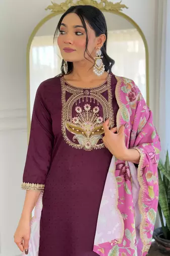 Wine color viscosee rayon embroidery with printed kurta set with dupatta