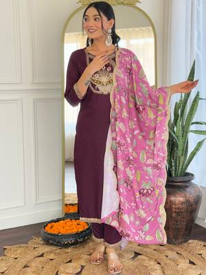 Wine color viscosee rayon embroidery with printed kurta set with dupatta 4