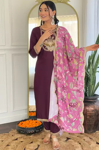 Wine color viscosee rayon embroidery with printed kurta set with dupatta