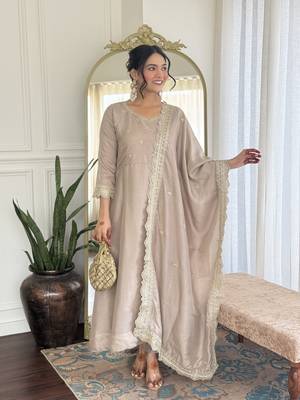 Chiku color vichitra silk embroidery kurta set with dupatta 1