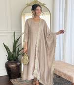 Chiku color vichitra silk fabric embroidery work girlie kurta set with dupatta