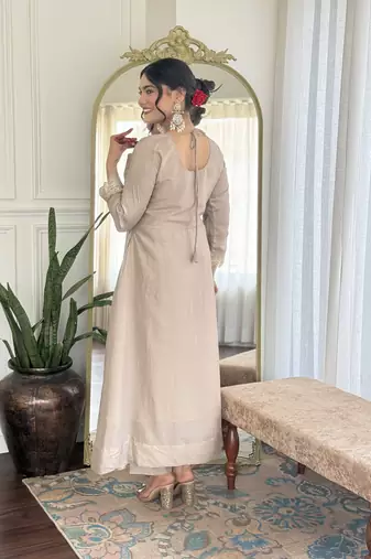 Chiku color vichitra silk embroidery kurta set with dupatta