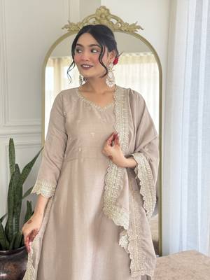 Chiku color vichitra silk embroidery kurta set with dupatta 3