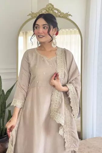 Chiku color vichitra silk embroidery kurta set with dupatta