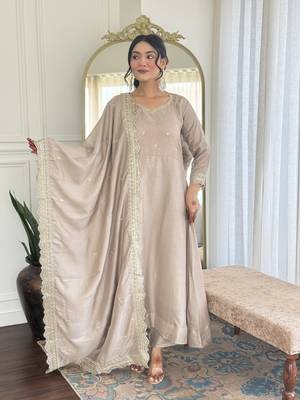 Chiku color vichitra silk embroidery kurta set with dupatta 4