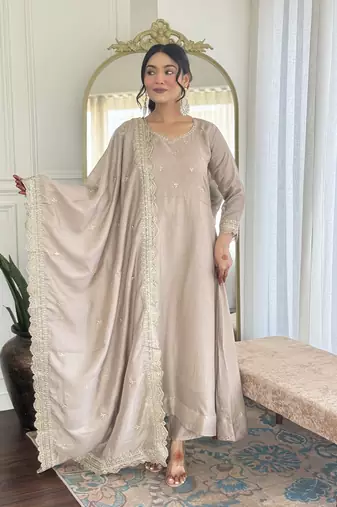 Chiku color vichitra silk embroidery kurta set with dupatta