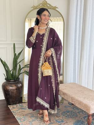 Wine color vichitra silk embroidery kurta set with dupatta 1