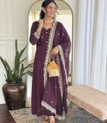 Wine color vichitra silk fabric embroidery work girlie kurta set with dupatta