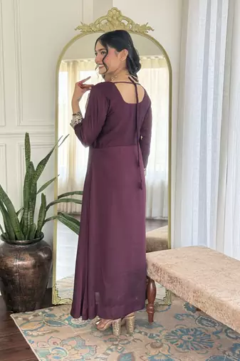 Wine color vichitra silk embroidery kurta set with dupatta