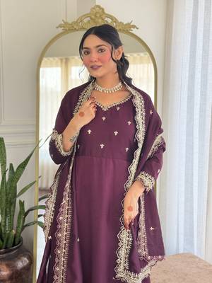 Wine color vichitra silk embroidery kurta set with dupatta 3