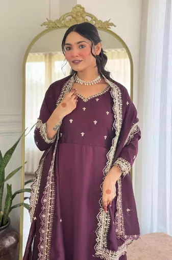 Wine color vichitra silk embroidery kurta set with dupatta