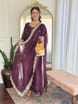 Wine color vichitra silk embroidery kurta set with dupatta 4