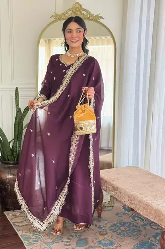 Wine color vichitra silk embroidery kurta set with dupatta