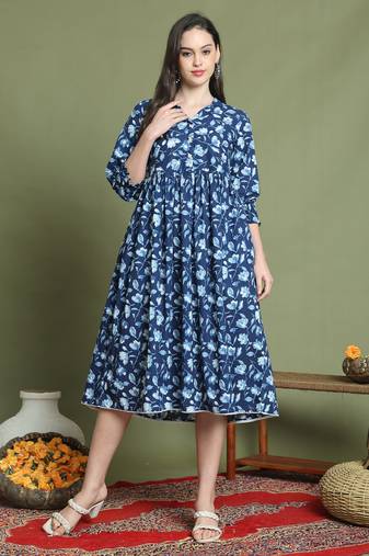women's pure cotton jaipuri printed western dress