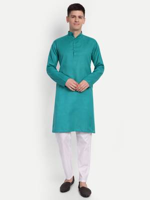Sea Blue cotton printed full sleeve collar neck kameez kurta for men 1