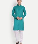 Sea Blue cotton printed full sleeve collar neck kameez kurta for men