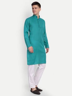 Sea Blue cotton printed full sleeve collar neck kameez kurta for men 2