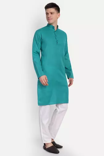 Sea Blue cotton printed full sleeve collar neck kameez kurta for men