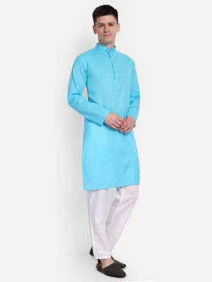 Sky Blue cotton printed full sleeve collar neck kameez kurta for men 1