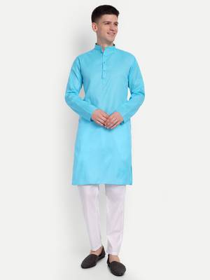 Sky Blue cotton printed full sleeve collar neck kameez kurta for men 2