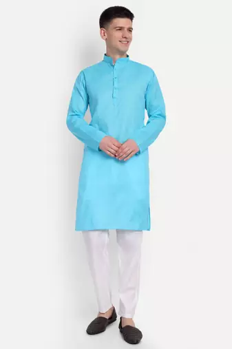 Sky Blue cotton printed full sleeve collar neck kameez kurta for men