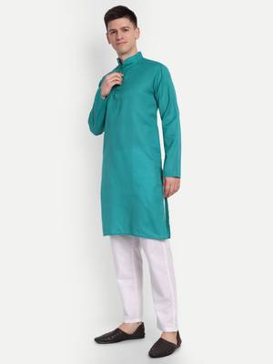 Sea Blue cotton printed full sleeve collar neck kameez kurta for men 3