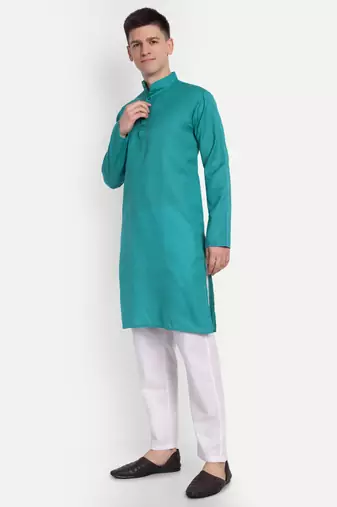 Sea Blue cotton printed full sleeve collar neck kameez kurta for men