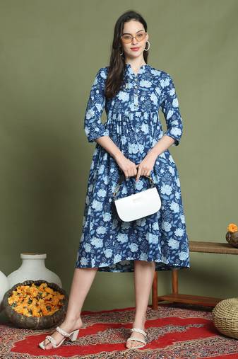 women's pure cotton jaipuri printed western dress