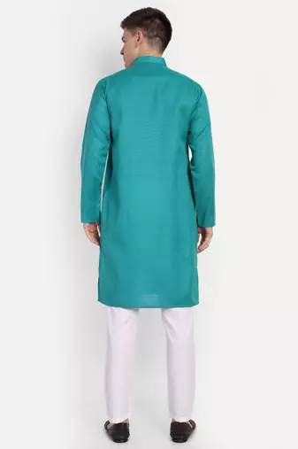 Sea Blue cotton printed full sleeve collar neck kameez kurta for men