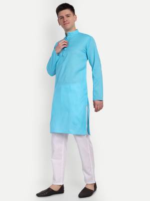 Sky Blue cotton printed full sleeve collar neck kameez kurta for men 5