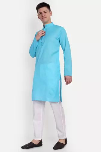 Sky Blue cotton printed full sleeve collar neck kameez kurta for men