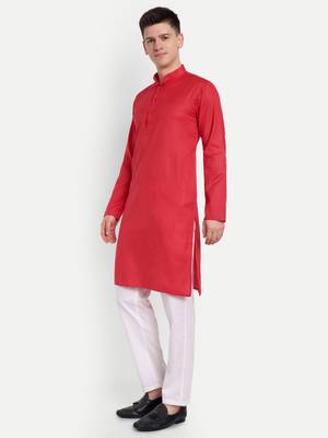 Red Cotton Printed Full Sleeve Collar Neck Kameez Kurta for men 1