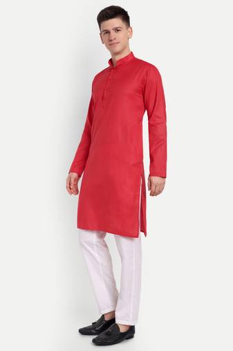 Red Cotton Printed Full Sleeve Collar Neck Kameez Kurta for men