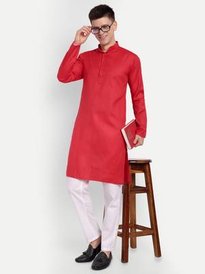 Red Cotton Printed Full Sleeve Collar Neck Kameez Kurta for men 2