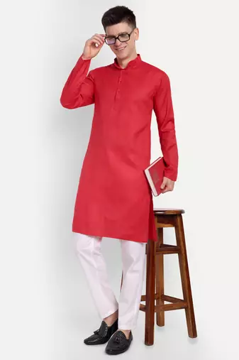 Red Cotton Printed Full Sleeve Collar Neck Kameez Kurta for men