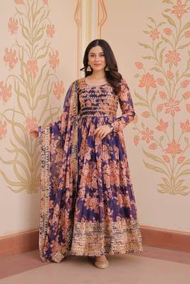 Purple color beautiful printed with stylish sequins ceremonial long gown with dupatta 1
