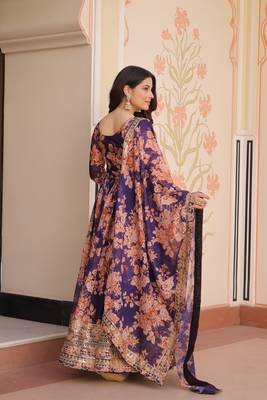 Purple color beautiful printed with stylish sequins ceremonial long gown with dupatta 3