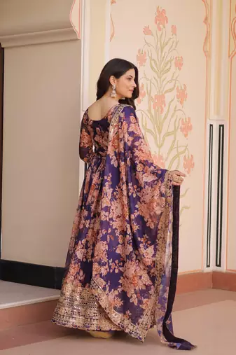 Purple color beautiful printed with stylish sequins ceremonial long gown with dupatta