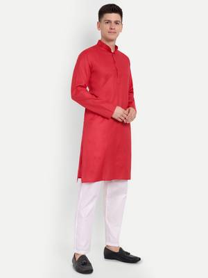 Red Cotton Printed Full Sleeve Collar Neck Kameez Kurta for men 3