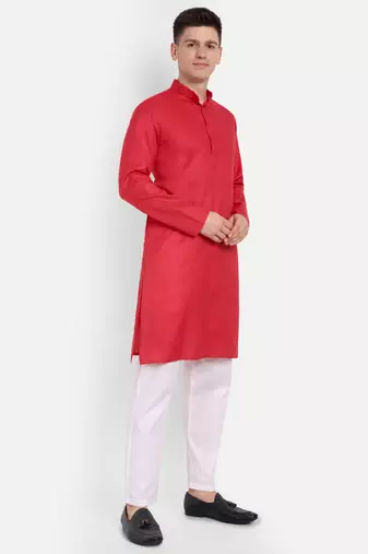 Red Cotton Printed Full Sleeve Collar Neck Kameez Kurta for men